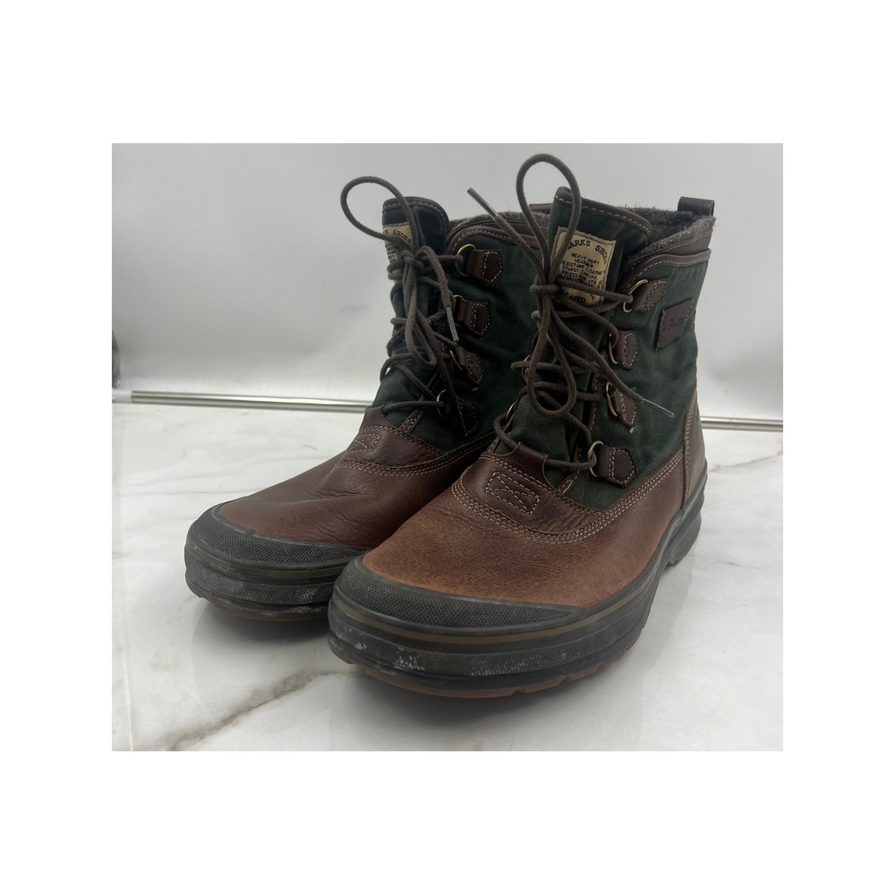 Vintage Clarks Green Canvas Brown Leather Wool Lined Boots 11.5 M Waterproof